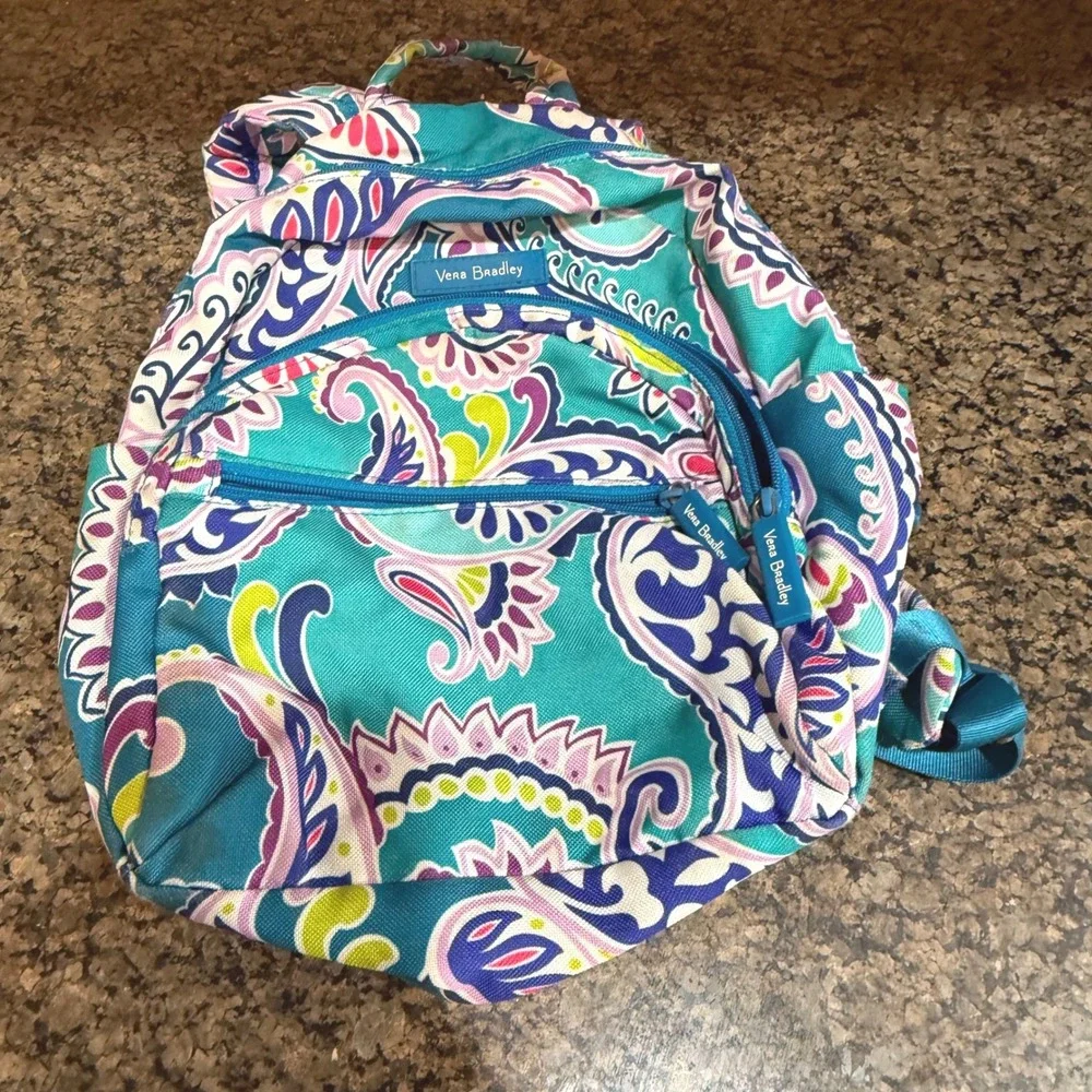 Vera Bradley Teal Purple Paisley Canvas Backpack‎ Front Zip Pocket Adjustable